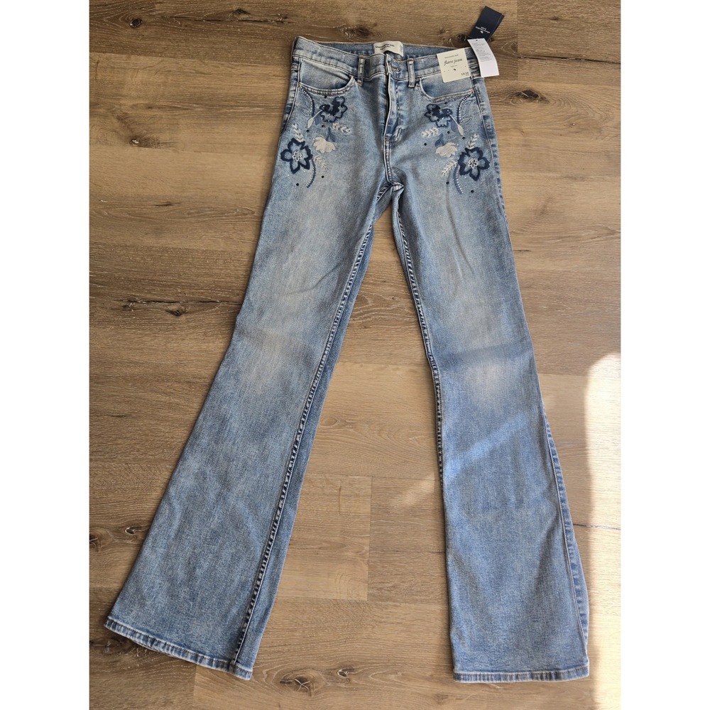 Abercrombie Kids High-Rise Flare Jeans Size 15/16 Long  Floral Embroidery – NWT